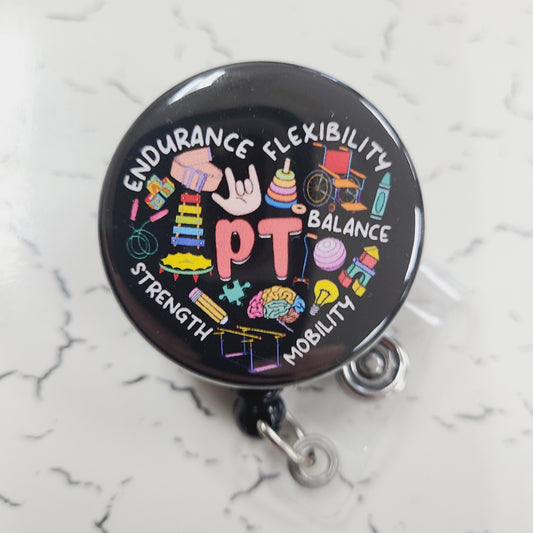 Nurse Badge Reel: PT Heart, Physical Therapy, Ortho Nursing - Retractable Swivel Back Alligator Clip ID Holder - Gifts for Nurses