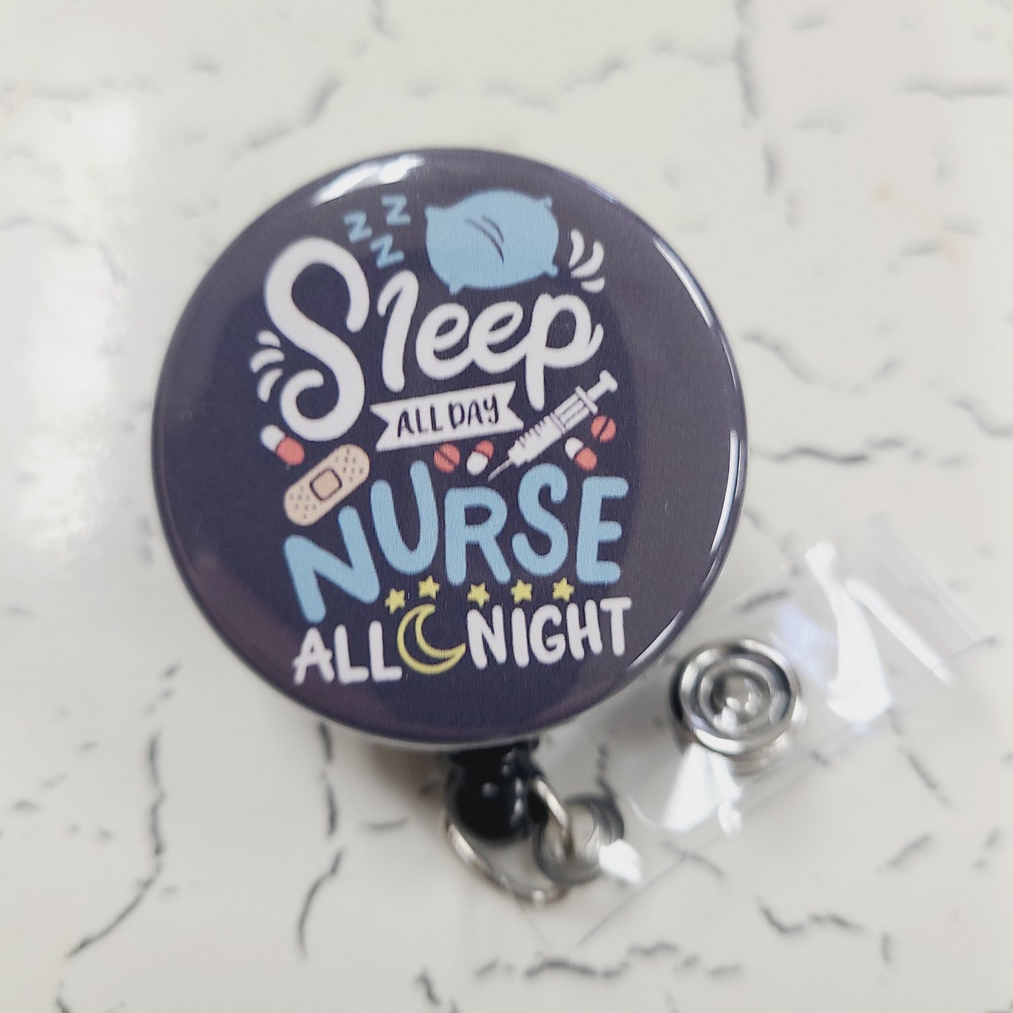 Nurse Badge Reel: Sleep All Day, Nurse All Night - Retractable Swivel Back Alligator Clip ID Holder - Gifts for Nurses