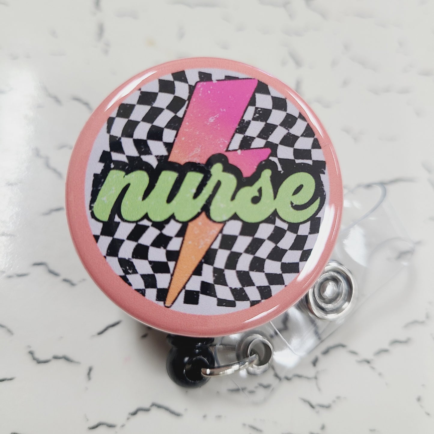 Nurse Badge Reel: 90s Colors, Checker - Retractable Swivel Back Alligator Clip ID Holder - Gifts for Nurses