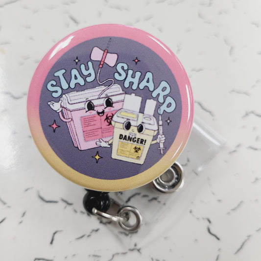 Nurse Badge Reel: Stay Sharp, Nurse Humor - Retractable Swivel Back Alligator Clip ID Holder - Gifts for Nurses