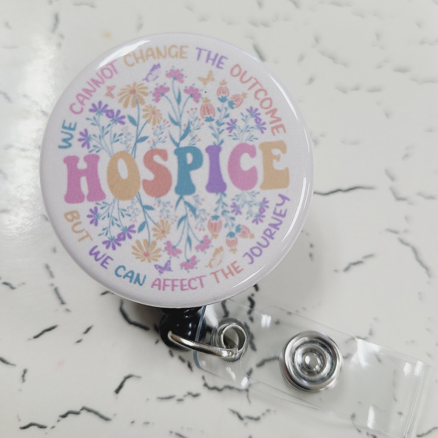 Nurse Badge Reel: Hospice Pastels, Cream Floral - Badge Reel, Retractable Swivel Back Alligator Clip ID Holder - Gifts for Nurses