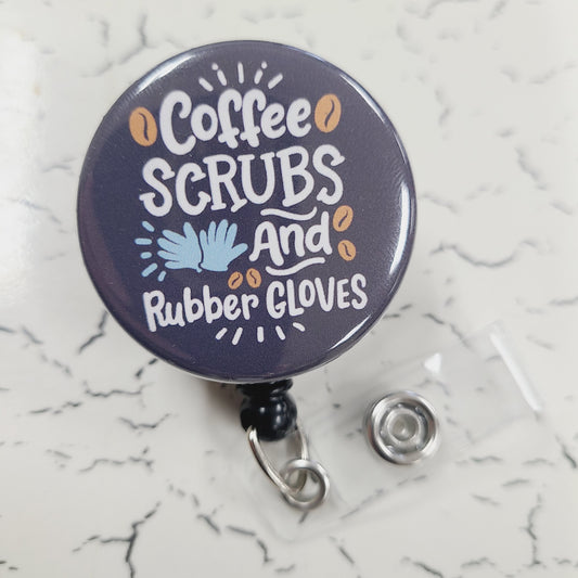 Nurse Badge Reel: Coffee, Scrubs, and Rubber Gloves - Retractable Swivel Back Alligator Clip ID Holder - Gifts for Nurses