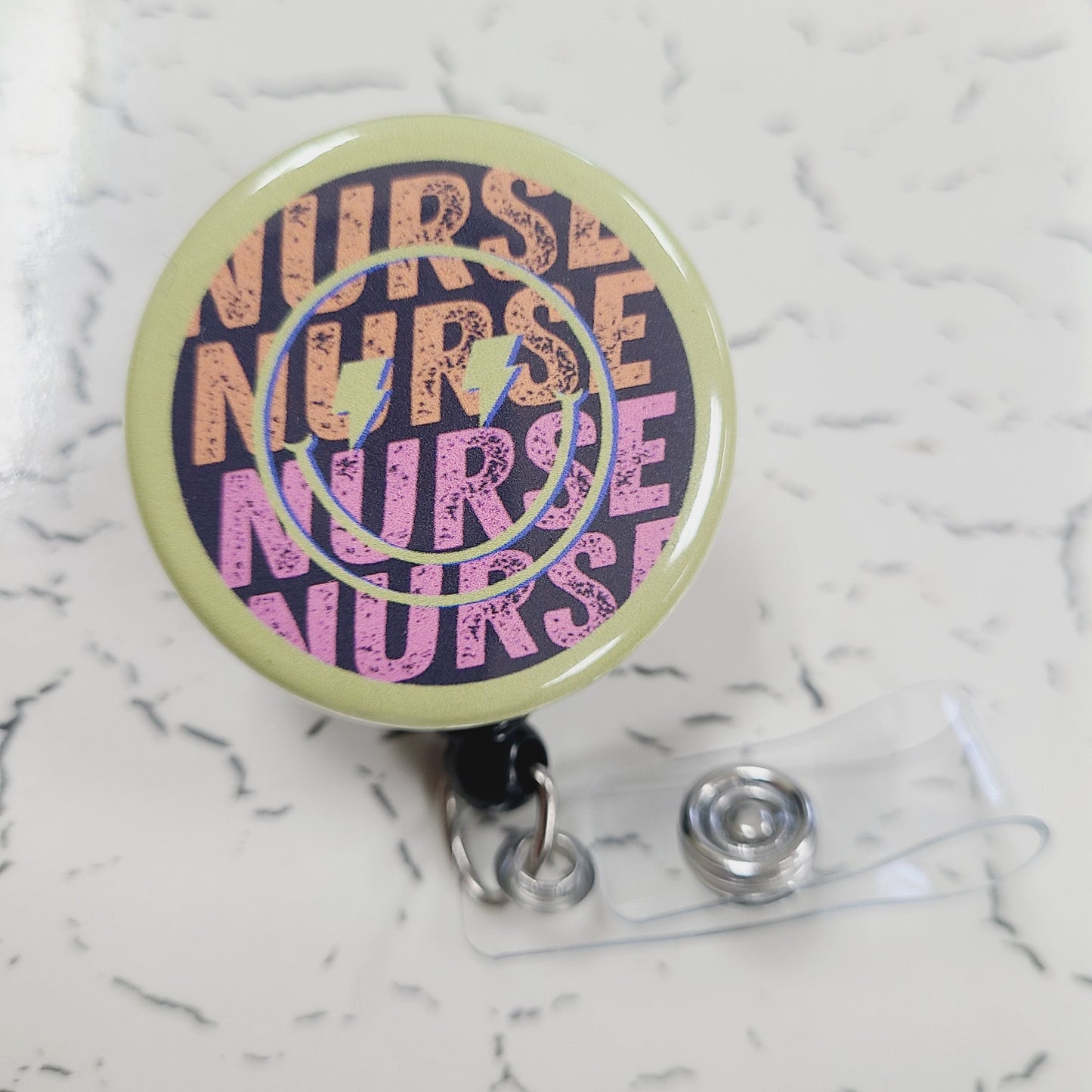 Nurse Badge Reel: Neon Smiley Face - Retractable Swivel Back Alligator Clip ID Holder - Gifts for Nurses