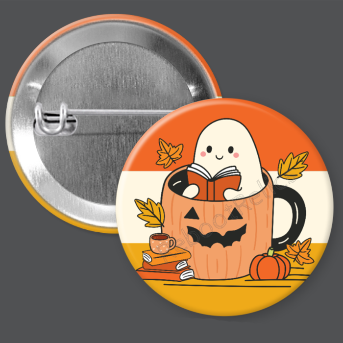 Cozy Fall Bookish Ghost - Cute - 1.5" or 2.25", Pin or Magnet